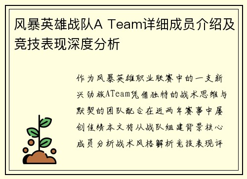 风暴英雄战队A Team详细成员介绍及竞技表现深度分析