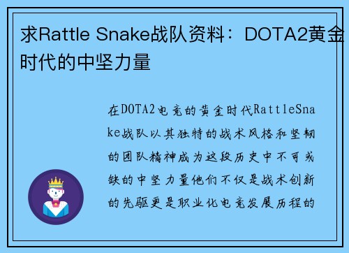 求Rattle Snake战队资料：DOTA2黄金时代的中坚力量
